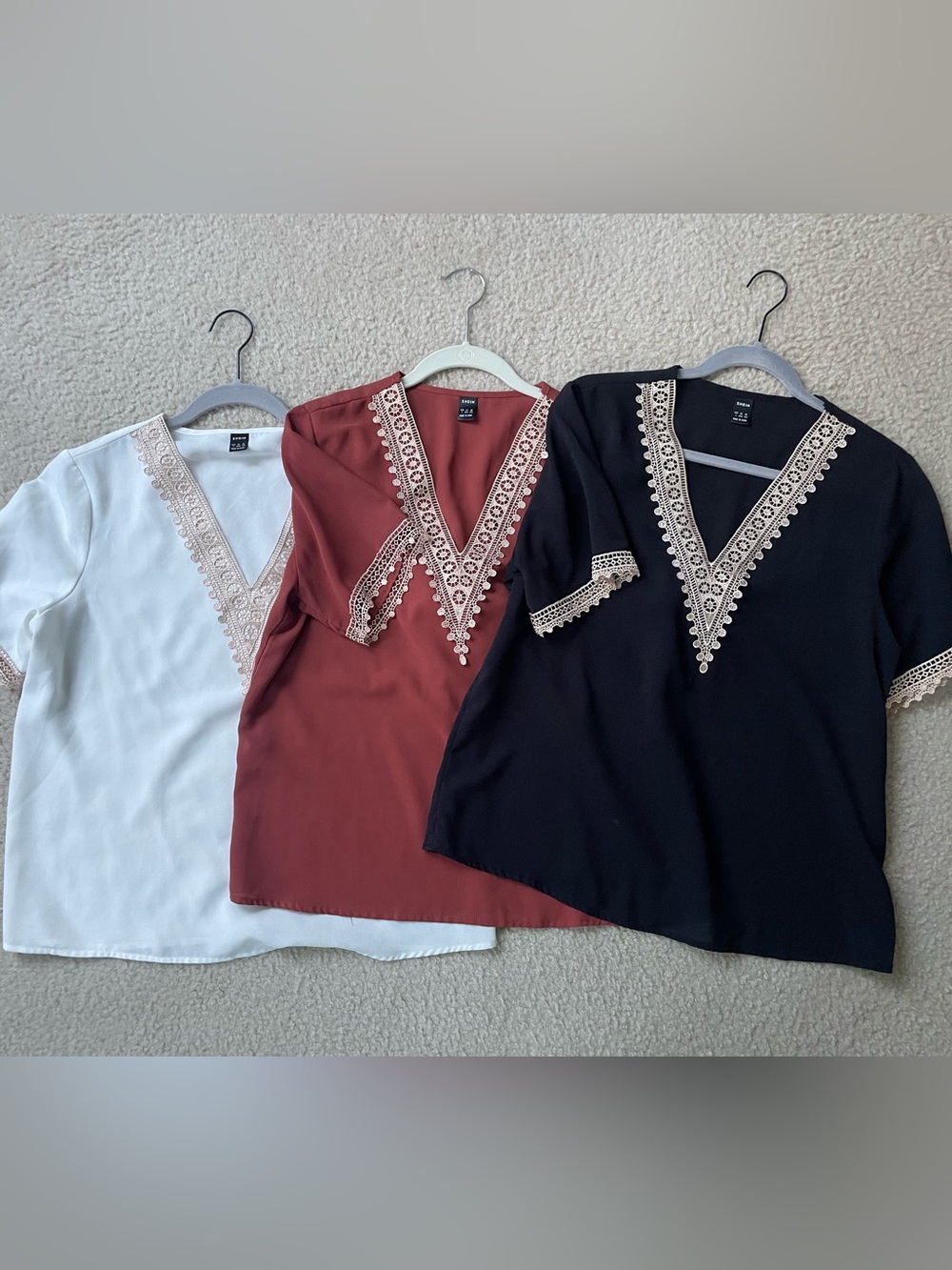 SHEIN Lace-Trim V-Neck Tops - White, Rust, Black